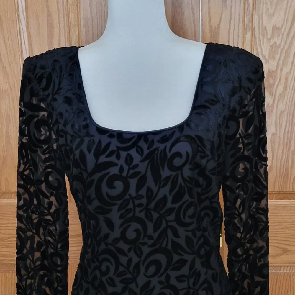 Vintage 90s Black Velvet Burnout Floral Cocktail Dress | Long Sleeve Sheer Y2K